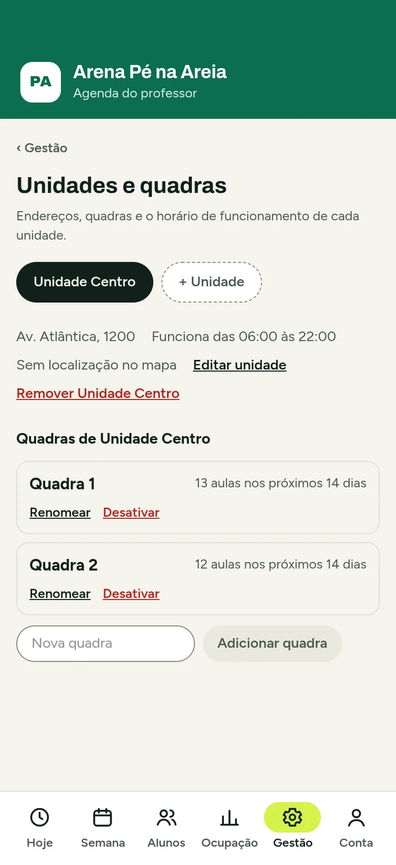 Tela de unidades e quadras do Quadra
