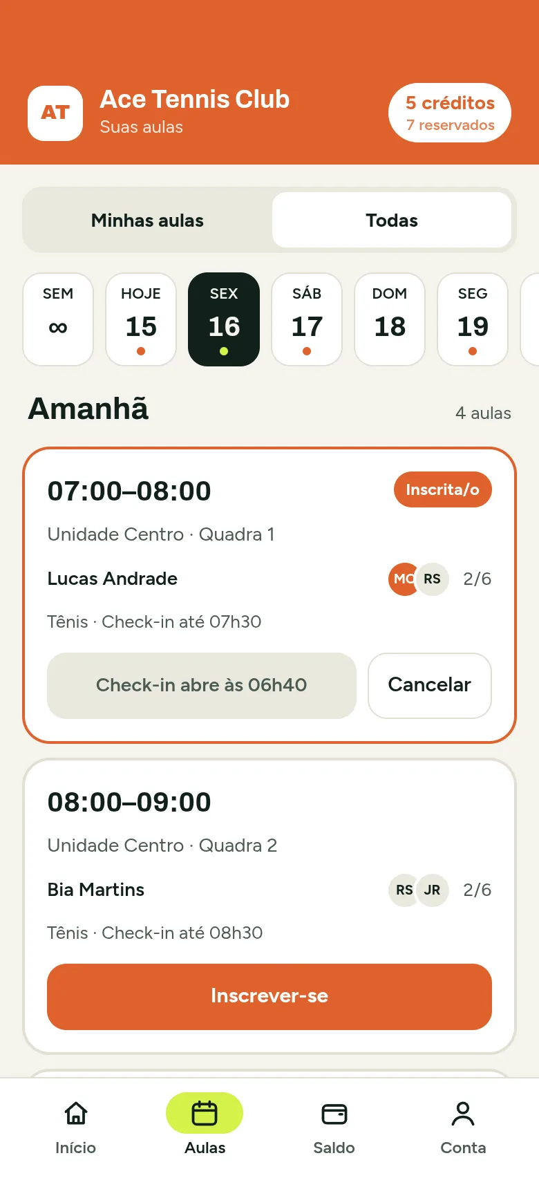 Aulas do dia no app da Ace Tennis Club