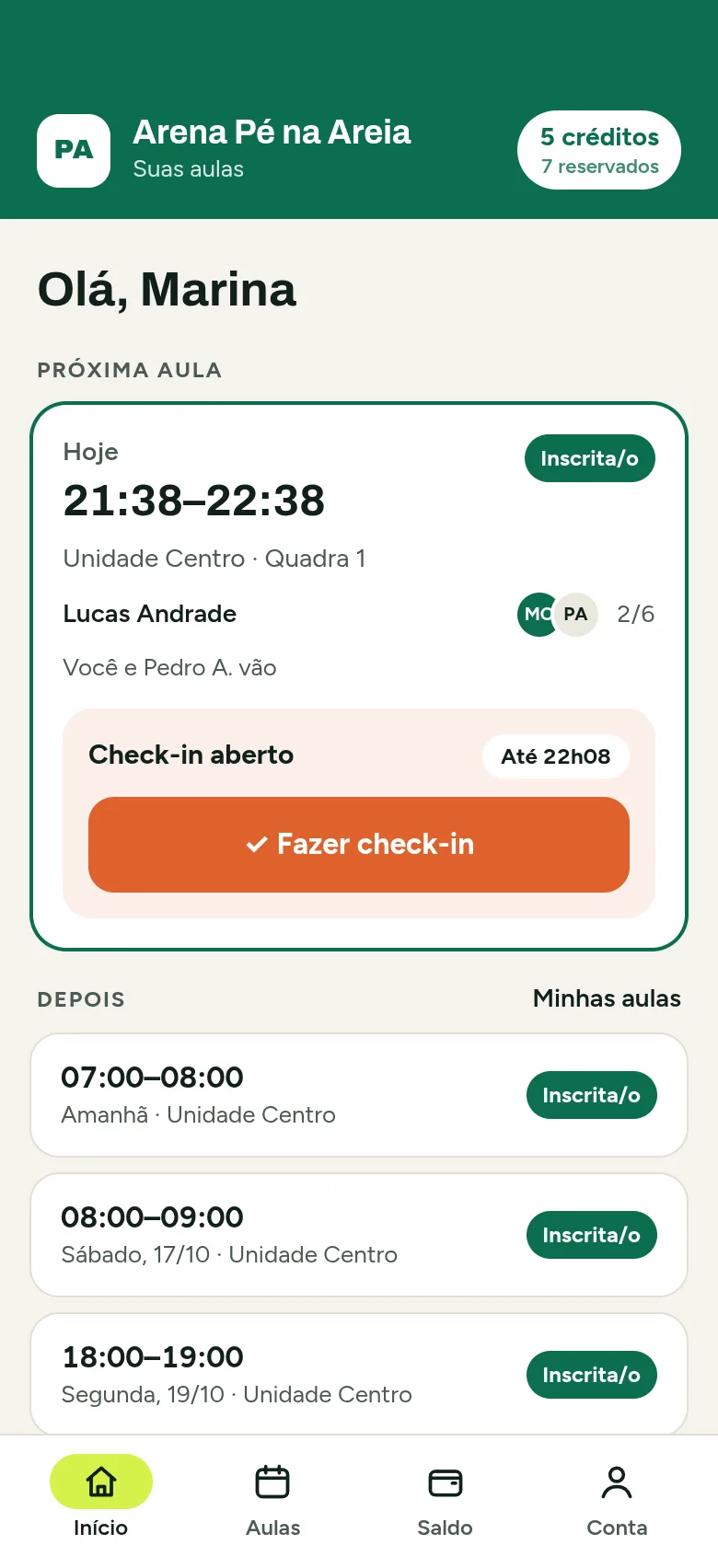 Início do aluno no app da Arena Pé na Areia