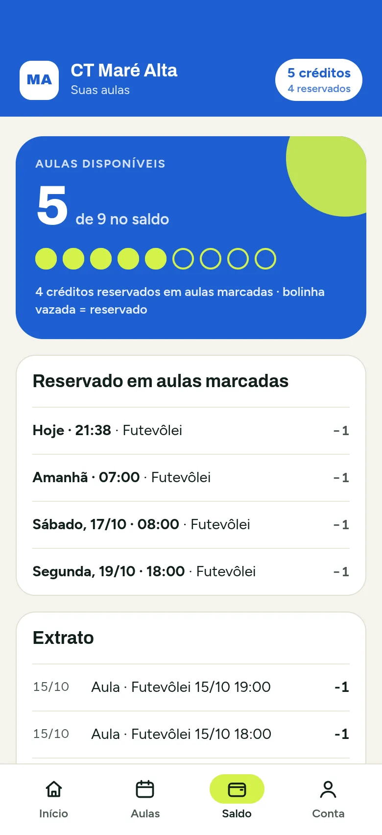 Saldo de aulas no app do CT Maré Alta